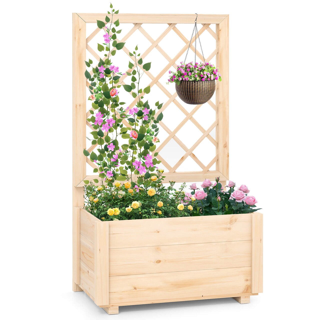 Costway 1/2 PCS 40" Tall Wooden Raised Garden Bed with Lattice Trellis for Climbing Vine
